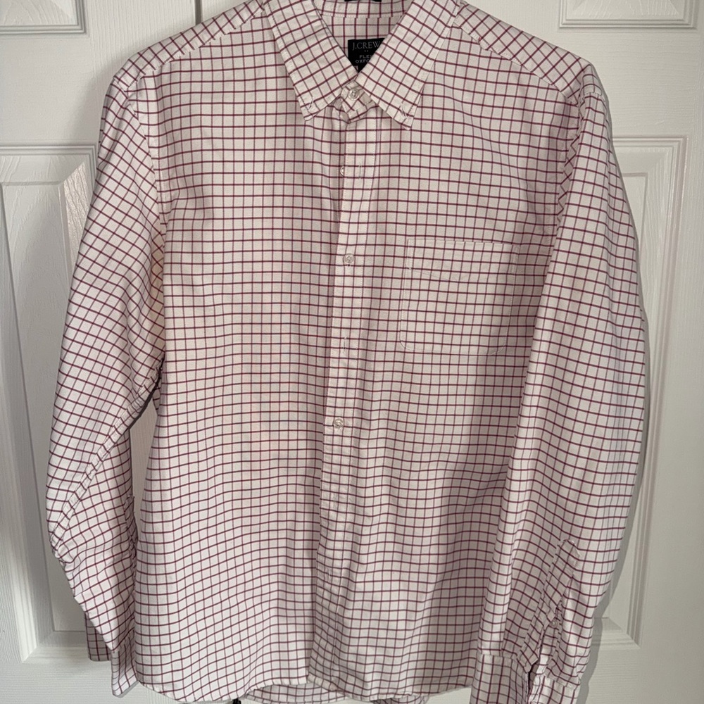 J. Crew Men's Red and White Checkered Oxford Dress Shirt